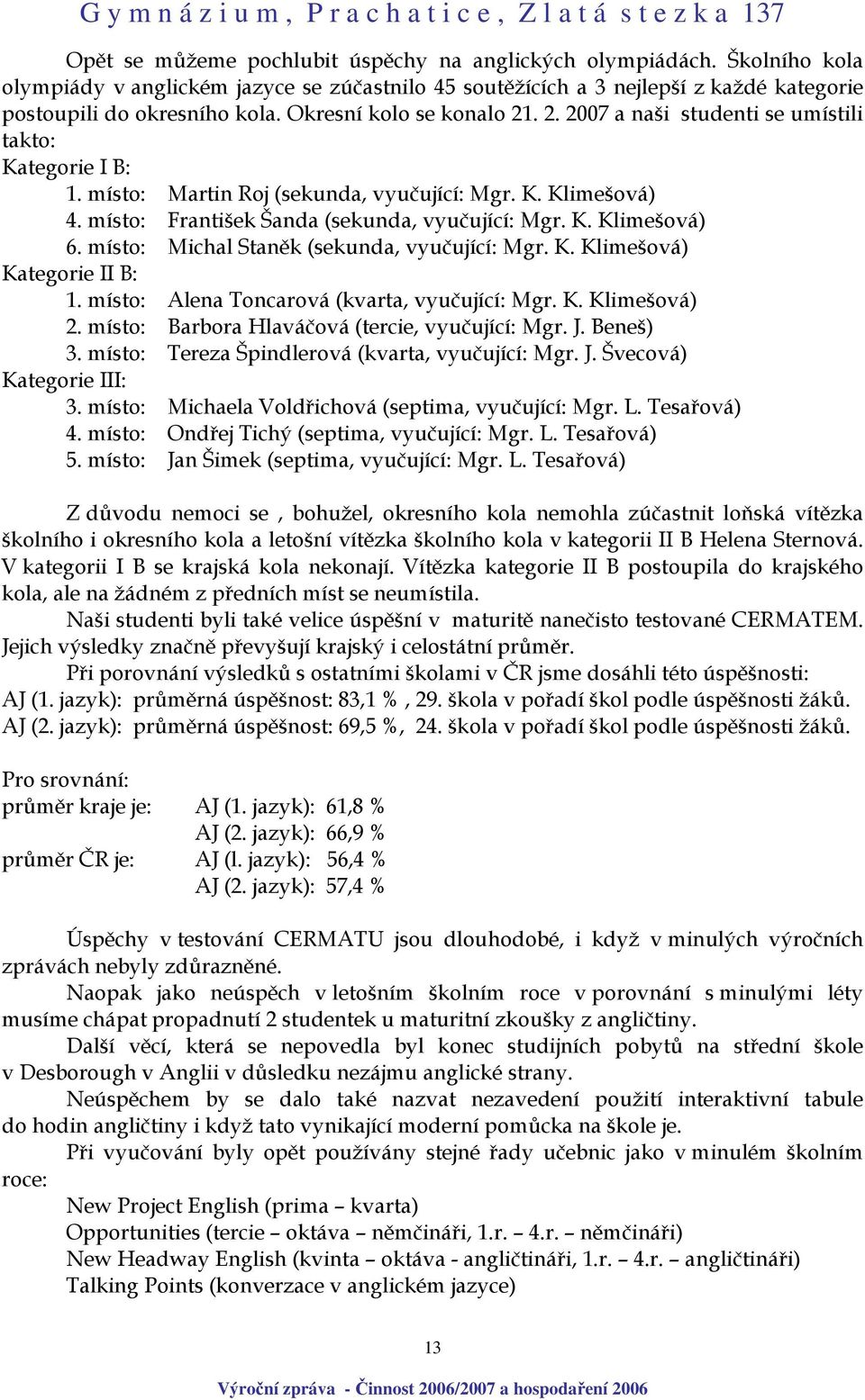 místo: Michal Staněk (sekunda, vyučující: Mgr. K. Klimešová) Kategorie II B: 1. místo: Alena Toncarová (kvarta, vyučující: Mgr. K. Klimešová) 2. místo: Barbora Hlaváčová (tercie, vyučující: Mgr. J.