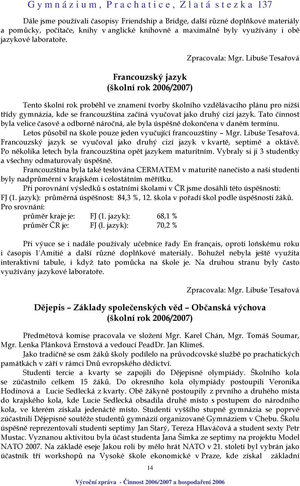 Libuše Tesařová Tento školní rok proběhl ve znamení tvorby školního vzdělávacího plánu pro nižší třídy gymnázia, kde se francouzština začíná vyučovat jako druhý cizí jazyk.