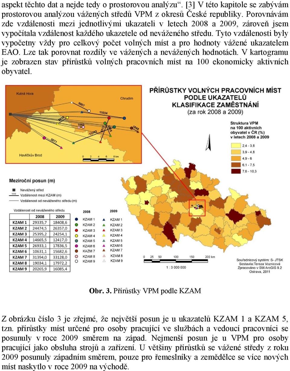 Tyto vzdálenosti byly vypočetny vždy pro celkový počet volných míst a pro hodnoty vážené ukazatelem EAO. Lze tak porovnat rozdíly ve vážených a nevážených hodnotách.