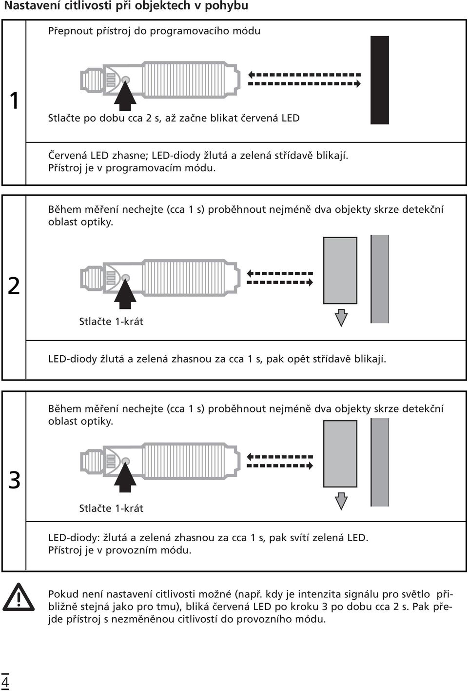 Během měření nechejte (cca 1 s) proběhnout nejméně dva objekty skrze detekční oblast optiky. LED-diody: žlutá a zelená zhasnou za cca 1 s, pak svítí zelená LED. Přístroj je v provozním módu.