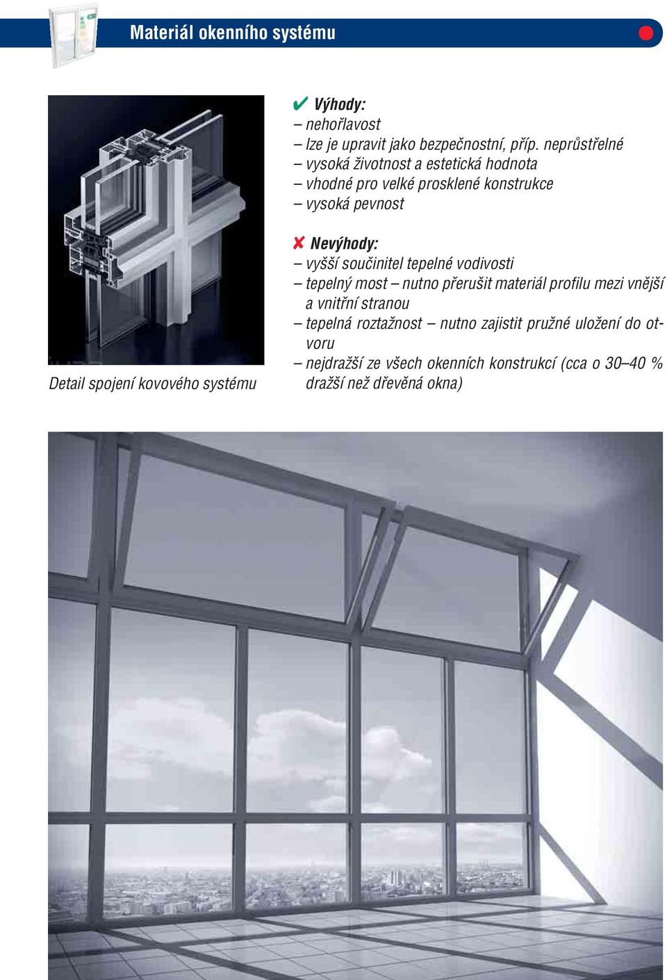 kovového systému Nevýhody: vyšší součinitel tepelné vodivosti tepelný most nutno přerušit materiál profilu mezi vnější