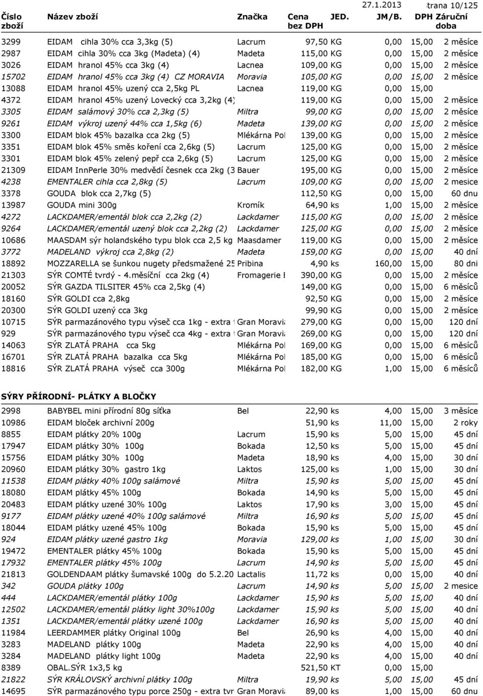 cca 3kg (4) CZ MORAVIA Moravia 105,00 KG 13088 EIDAM hranol 45% uzený cca 2,5kg PL Lacnea 119,00 KG 4372 EIDAM hranol 45% uzený Lovecký cca 3,2kg (4) 119,00 KG 3305 EIDAM salámový 30% cca 2,3kg (5)