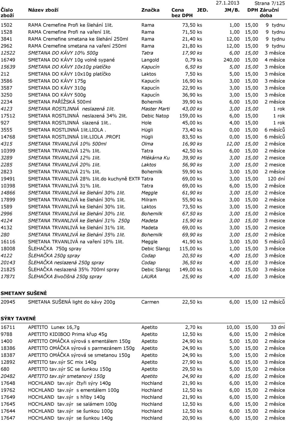 SMETANA DO KÁVY 10g volně sypané Langold 0,79 ks 24 15639 SMETANA DO KÁVY 10x10g platíčko Kapucín 6,50 ks 5,00 212 SMETANA DO KÁVY 10x10g platíčko Laktos 7,50 ks 5,00 3586 SMETANA DO KÁVY 175g