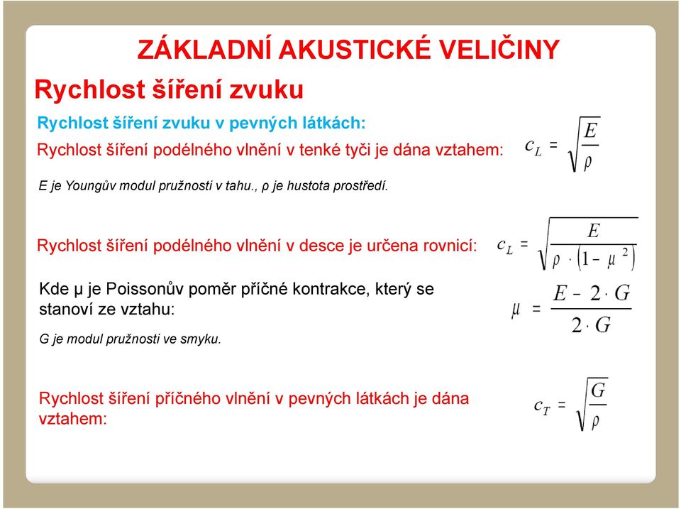 Rychlost šíření podélného vlnění v desce je určena rovnicí: Kde μ je Poissonův poměr příčné kontrakce, který