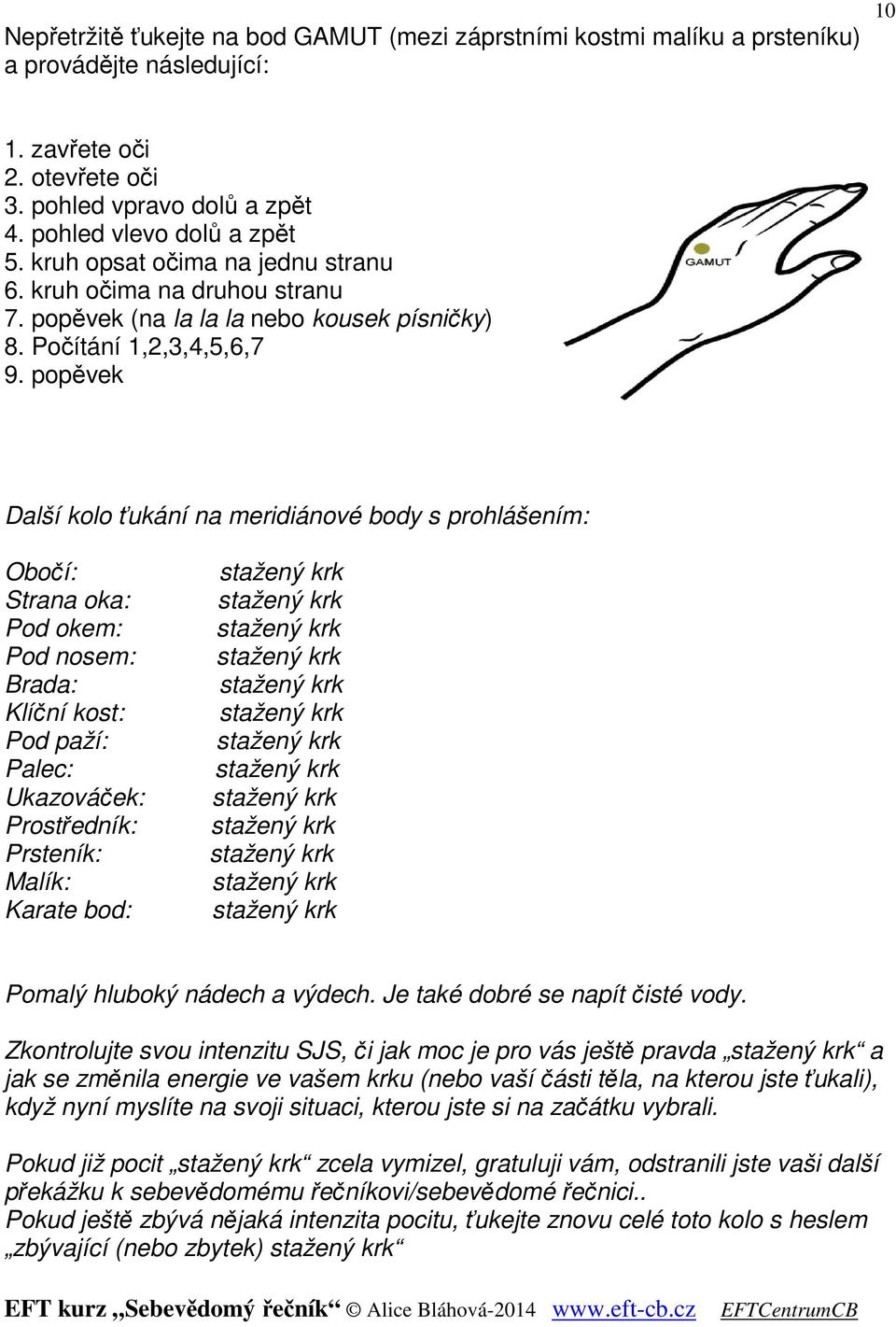 popěvek Další kolo ťukání na meridiánové body s prohlášením: Obočí: Strana oka: Pod okem: Pod nosem: Brada: Klíční kost: Pod paží: Palec: Ukazováček: Prostředník: Prsteník: Malík: Karate bod: Pomalý