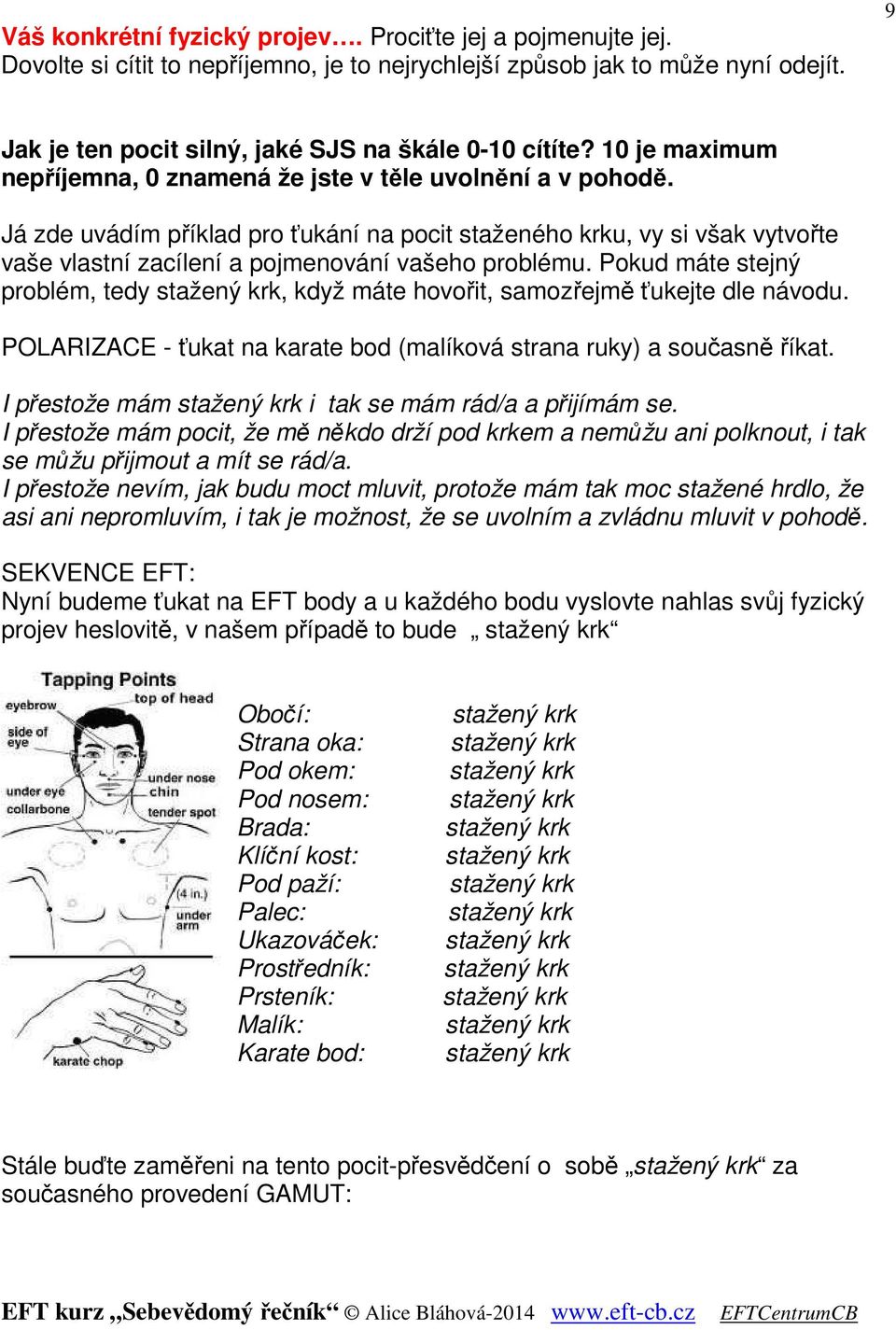 Já zde uvádím příklad pro ťukání na pocit staženého krku, vy si však vytvořte vaše vlastní zacílení a pojmenování vašeho problému.