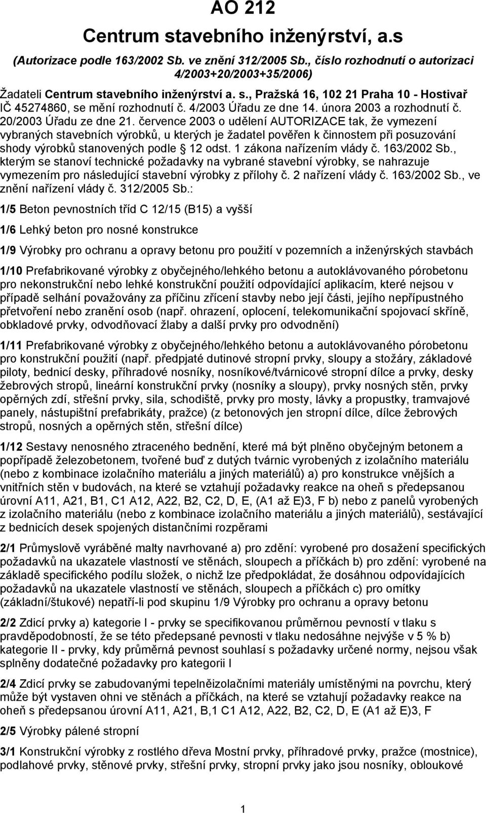 července 2003 o udělení AUTORIZACE tak, že vymezení vybraných stavebních výrobků, u kterých je žadatel pověřen k činnostem při posuzování shody výrobků stanovených podle 12 odst.