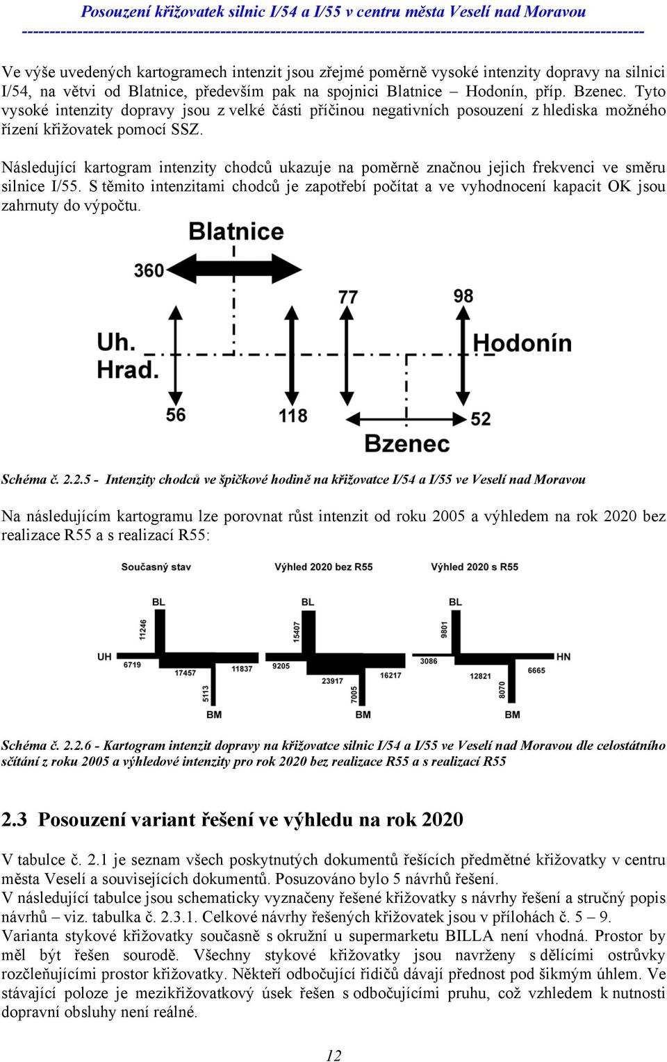 Následující kartogram intenzity chodců ukazuje na poměrně značnou jejich frekvenci ve směru silnice I/55.