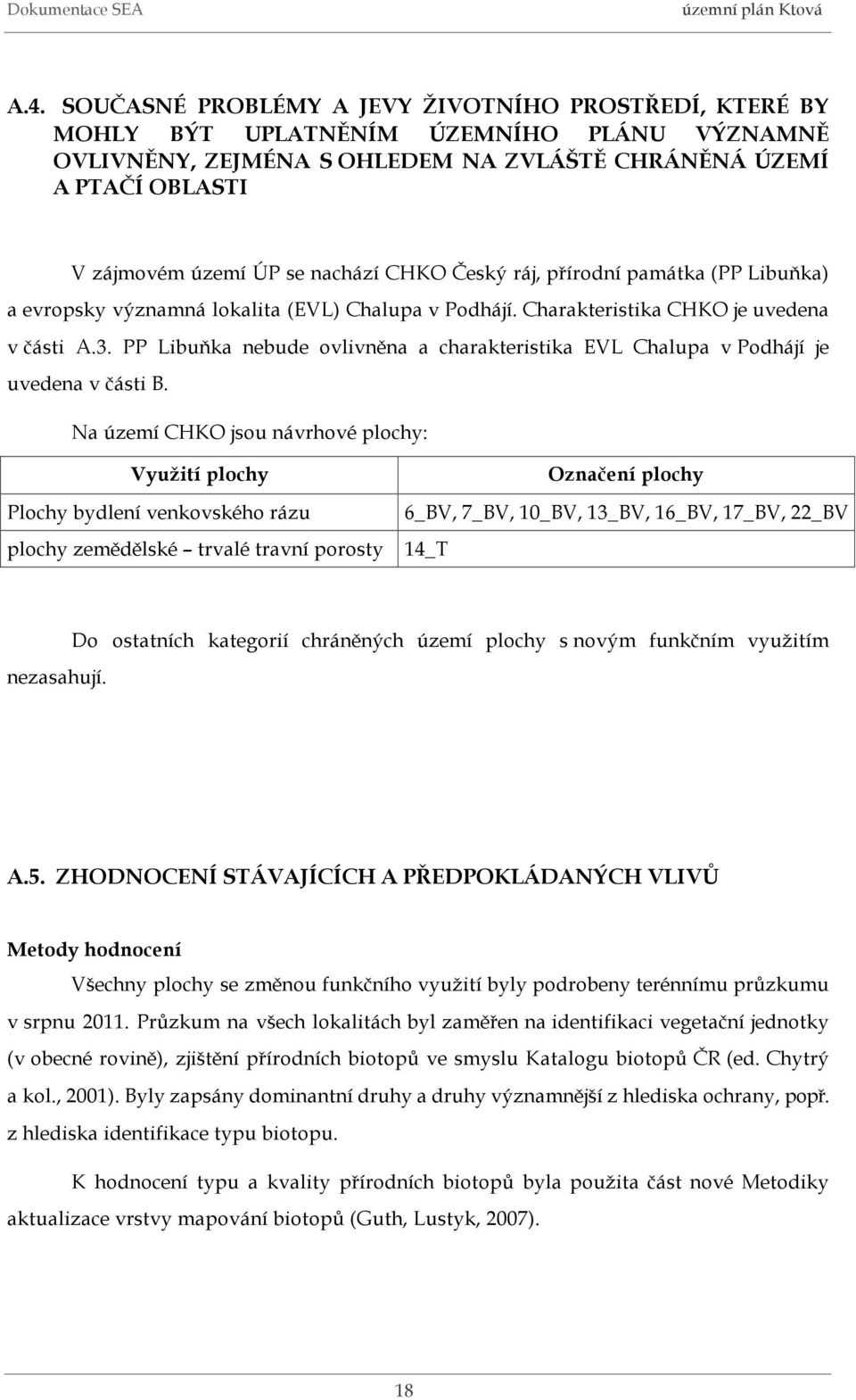 PP Libuňka nebude ovlivněna a charakteristika EVL Chalupa v Podhájí je uvedena v části B.