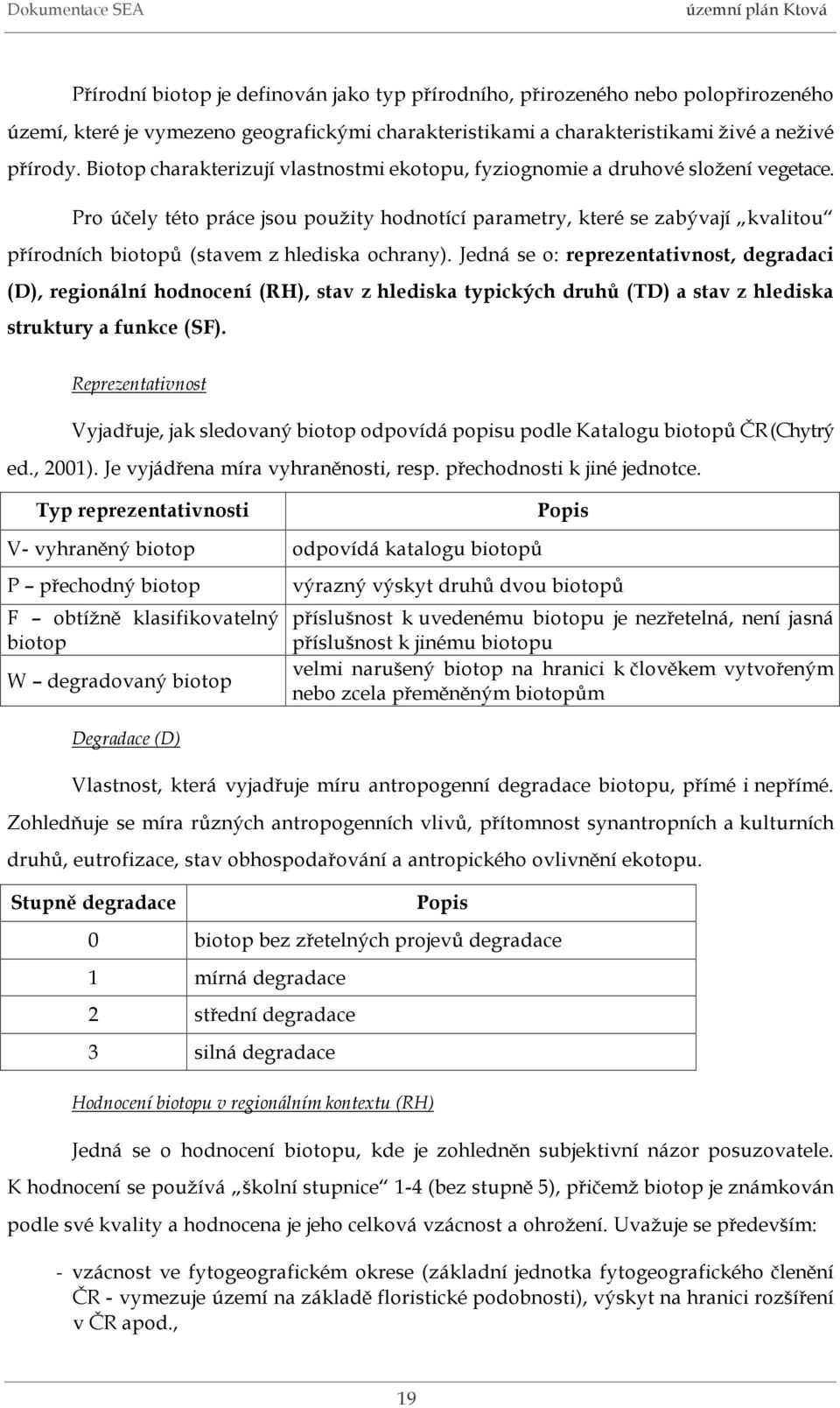 Pro účely této práce jsou použity hodnotící parametry, které se zabývají kvalitou přírodních biotopů (stavem z hlediska ochrany).