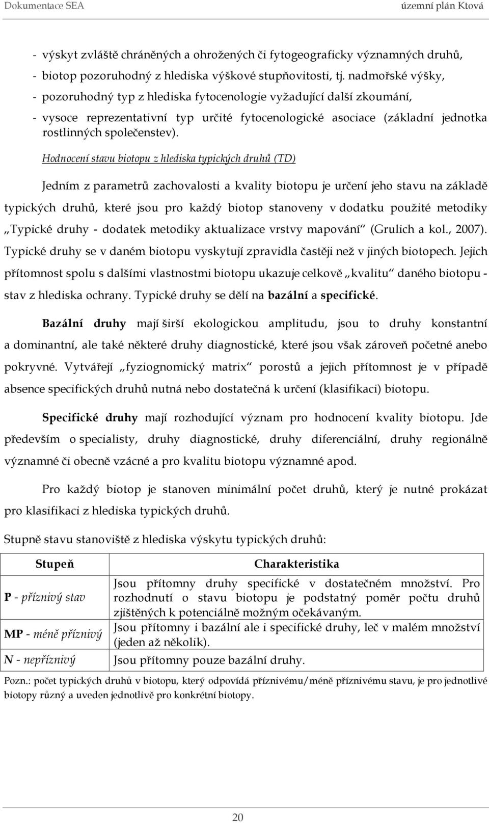 Hodnocení stavu biotopu z hlediska typických druhů (TD) Jedním z parametrů zachovalosti a kvality biotopu je určení jeho stavu na základě typických druhů, které jsou pro každý biotop stanoveny v