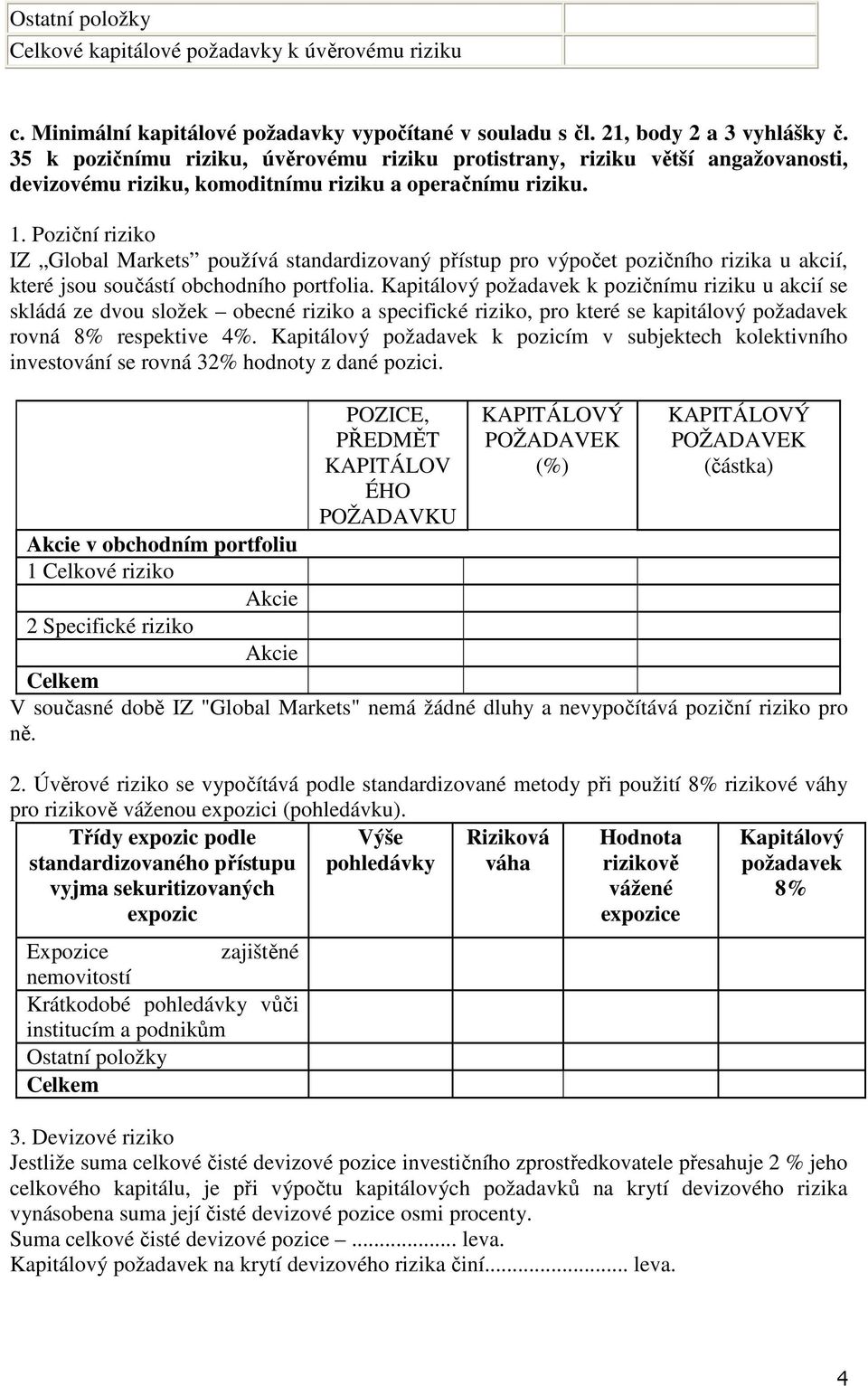 Poziční riziko IZ Global Markets používá standardizovaný přístup pro výpočet pozičního rizika u akcií, které jsou součástí obchodního portfolia.