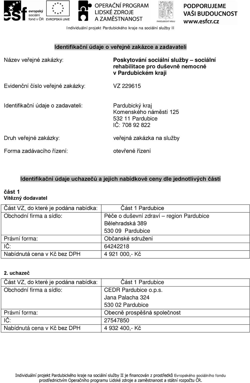 11 Pardubice IČ: 708 92 822 veřejná zakázka na služby otevřené řízení Identifikační údaje uchazečů a jejich nabídkové ceny dle jednotlivých částí část 1 Nabídnutá