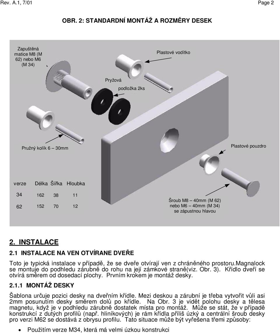 Bushing Plastové pouzdro verze (cm) Length Délka Šířka Width Hloubka Depth 34 16.5 162 3.7 38 1.1 11 62 15.2 152 770 1.3 12 Flathead Šroub M8 Screw 40mm (M 62) 8mm-1.