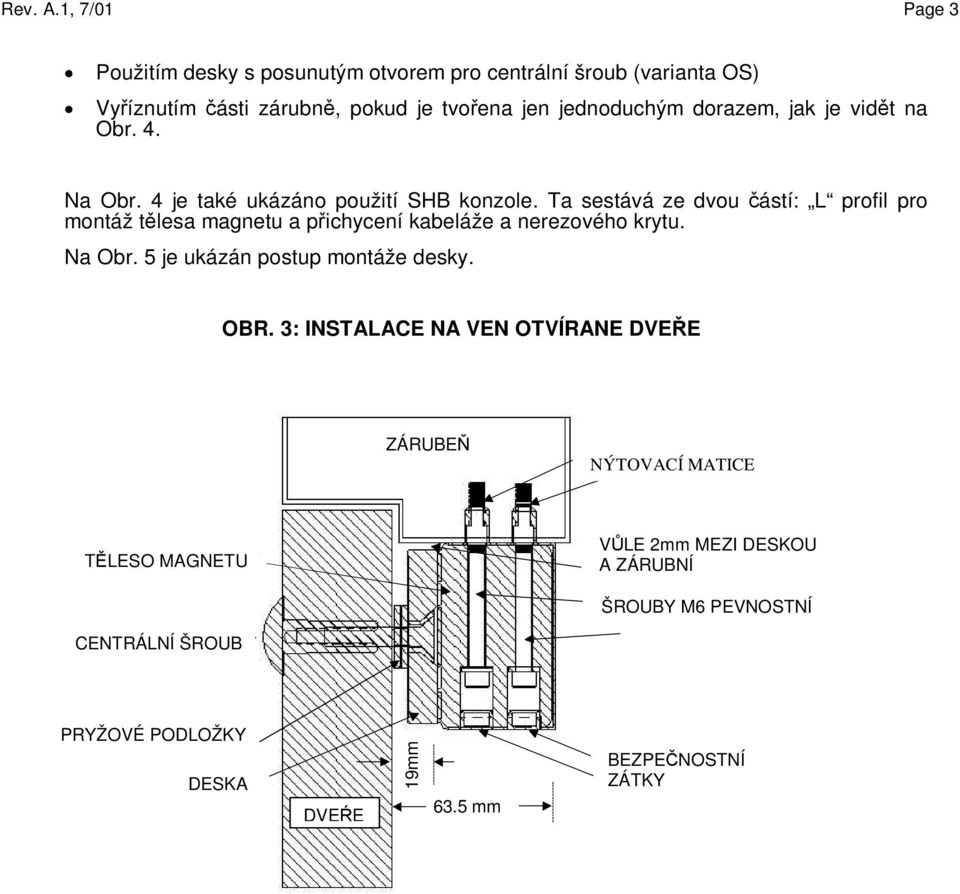 3: INSTALACE NA VEN OTVÍRANE DVEŘE ZÁRUBEŇ BLIND NÝTOVACÍ NUTS MATICE TĚLESO MAGNETU BODY STOP 2mm VŮLE GAP 2mm BETWEEN MEZI DESKOU STOP A ZÁRUBNÍ AND EDGE OF STRIKE CENTRÁLNÍ SEX ŠROUB BOLT