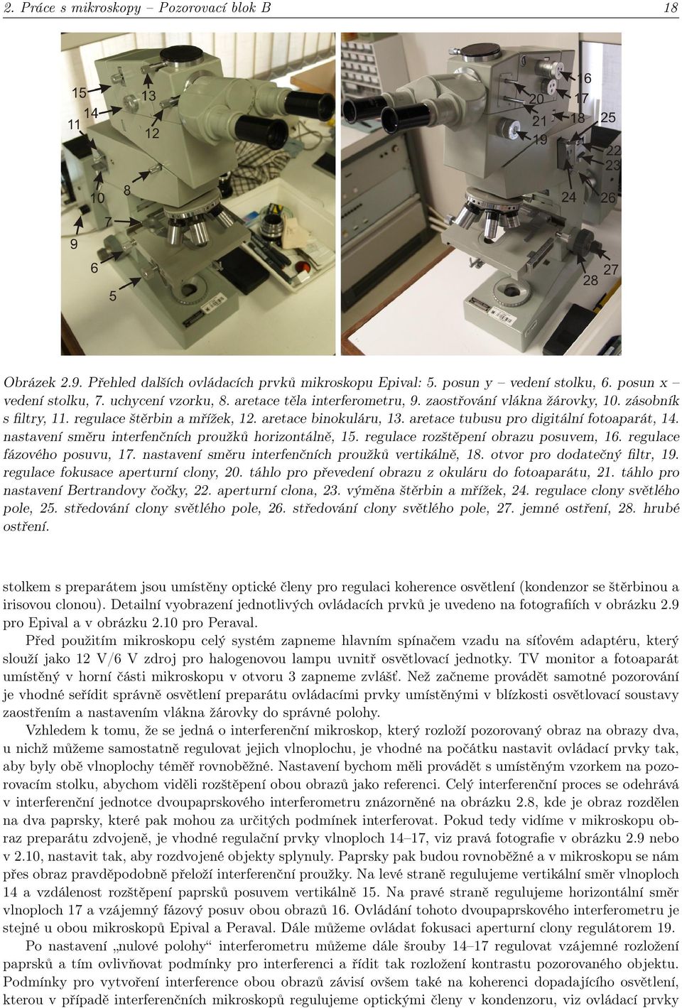 nastavení směru interfenčních proužků horizontálně, 15. regulace rozštěpení obrazu posuvem, 16. regulace fázového posuvu, 17. nastavení směru interfenčních proužků vertikálně, 18.