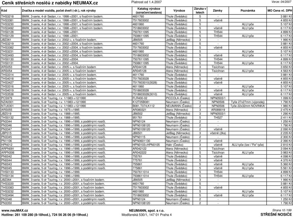 v. 1998->2001. 7507611095 Thule (Švédsko) 5 TH544 4 899 Kč THS0129 BMW, 3-serie, 4-dr Sedan, r.v. 1998->2001. 7508611095 Thule (Švédsko) 5 TH544 ALU tyče 6 117 Kč JBZ261 BMW, 3-serie, 4-dr Sedan, r.v. 2002->, s fixačním bodem.