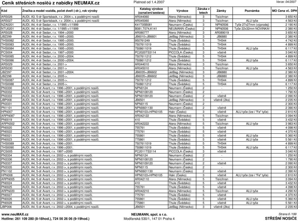 2 380 Kč ARS028 AUDI, A4, 4-dr Sedan, r.v. 1994->2000 AR080777 Atera (Německo) 3 AR089019 3 650 Kč JBZ299 AUDI, A4, 4-dr Sedan, r.v. 1995->2000.