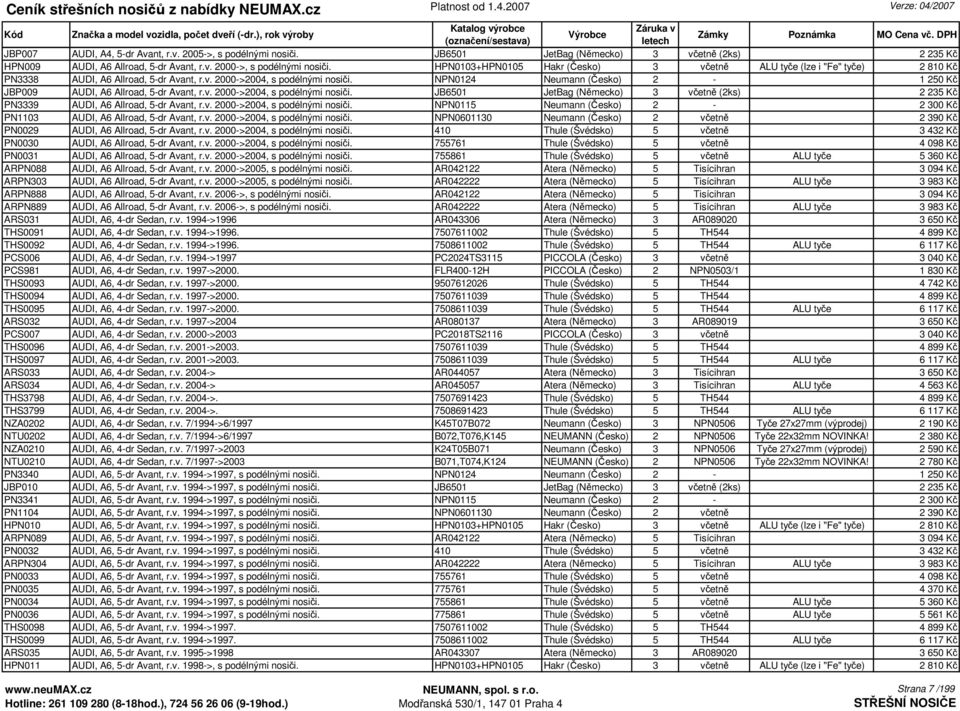 NPN0124 Neumann (Česko) 2-1 250 Kč JBP009 AUDI, A6 Allroad, 5-dr Avant, r.v. 2000->2004, s podélnými nosiči. JB6501 JetBag (Německo) 3 včetně (2ks) 2 235 Kč PN3339 AUDI, A6 Allroad, 5-dr Avant, r.v. 2000->2004, s podélnými nosiči. NPN0115 Neumann (Česko) 2-2 300 Kč PN1103 AUDI, A6 Allroad, 5-dr Avant, r.