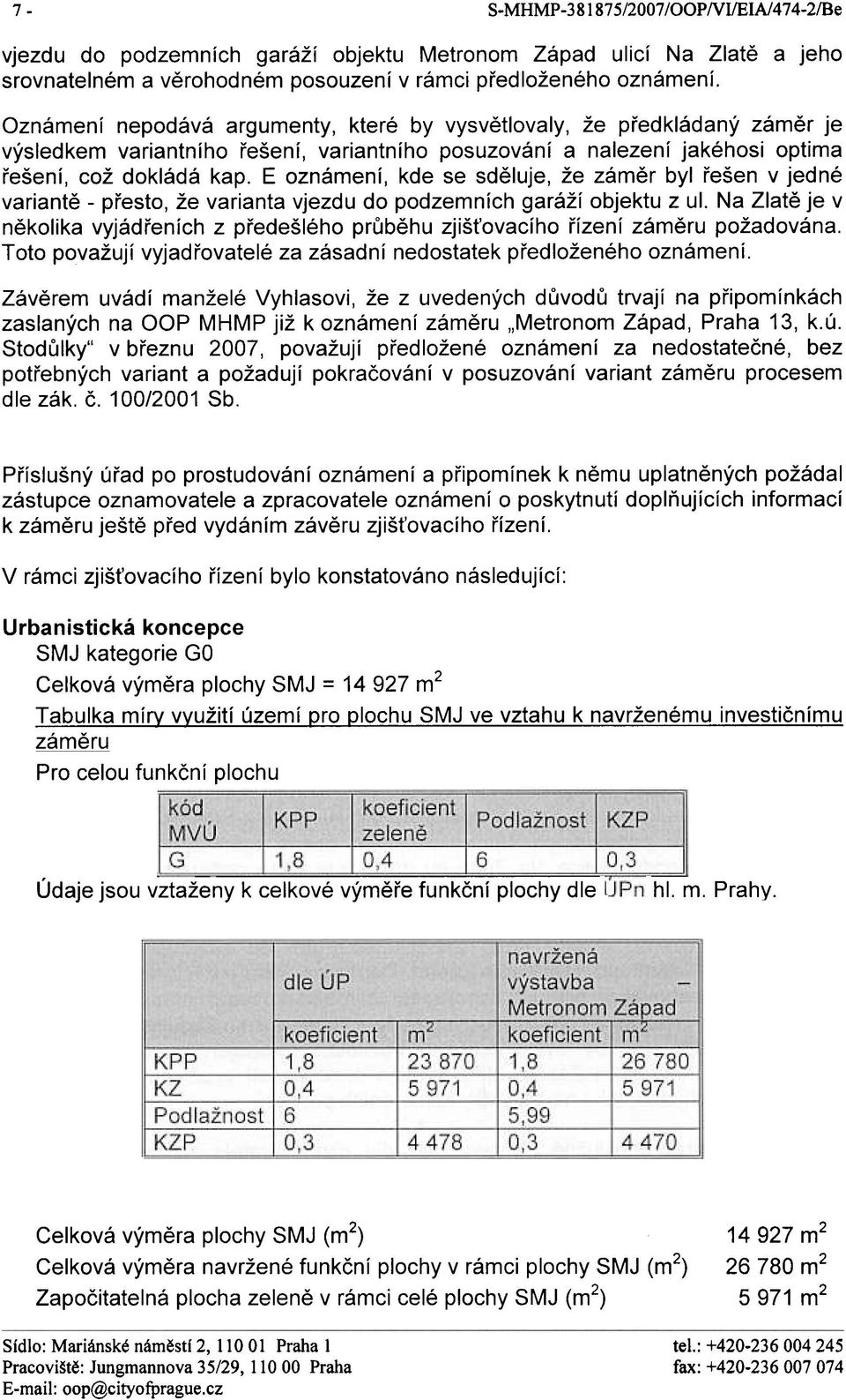 E oznámení, kde se sdìluje, že zámìr byl øešen v jedné variantì - pøesto, že varianta vjezdu do podzemních garáží objektu z ul.