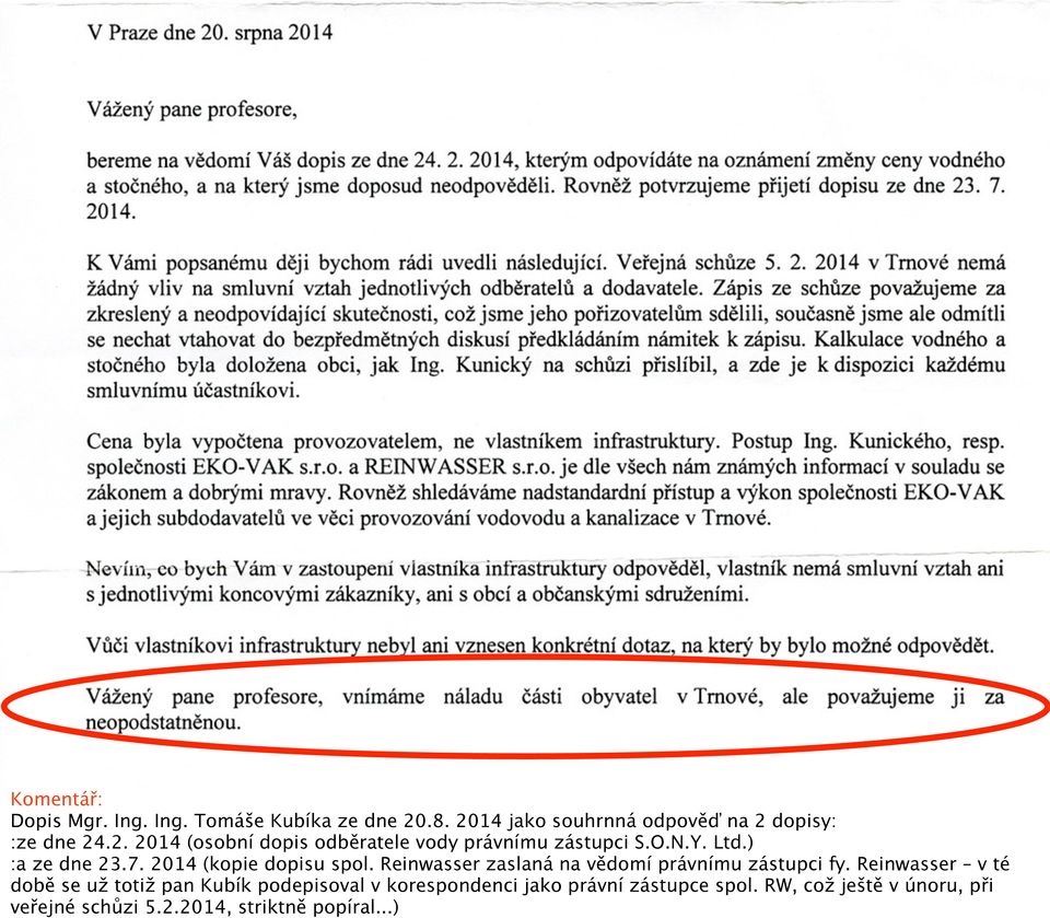 Reinwasser v té době se už totiž pan Kubík podepisoval v korespondenci jako právní zástupce spol.