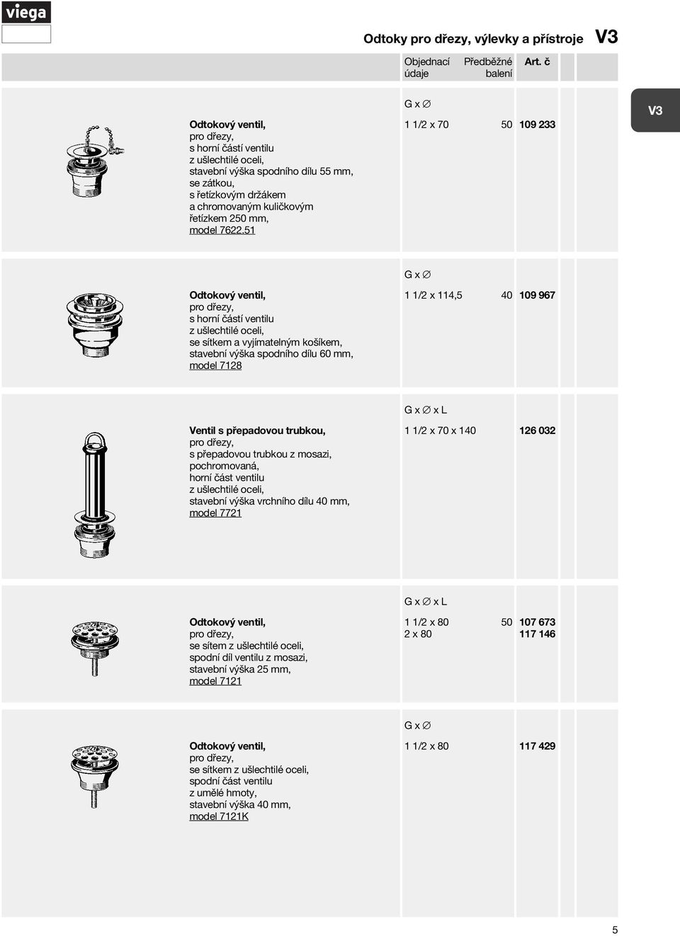 51 1 1/2 x 70 50 109 233 Odtokový ventil, s horní částí ventilu se sítkem a vyjímatelným košíkem, stavební výška spodního dílu 60 mm, model 7128 1 1/2 x 114,5 40 109 967 Ventil s přepadovou trubkou,