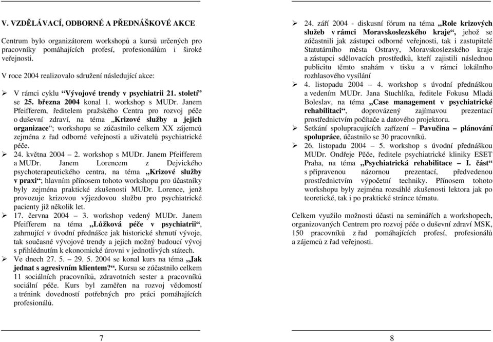 Janem Pfeifferem, ředitelem pražského Centra pro rozvoj péče o duševní zdraví, na téma Krizové služby a jejich organizace ; workshopu se zúčastnilo celkem XX zájemců zejména z řad odborné veřejnosti