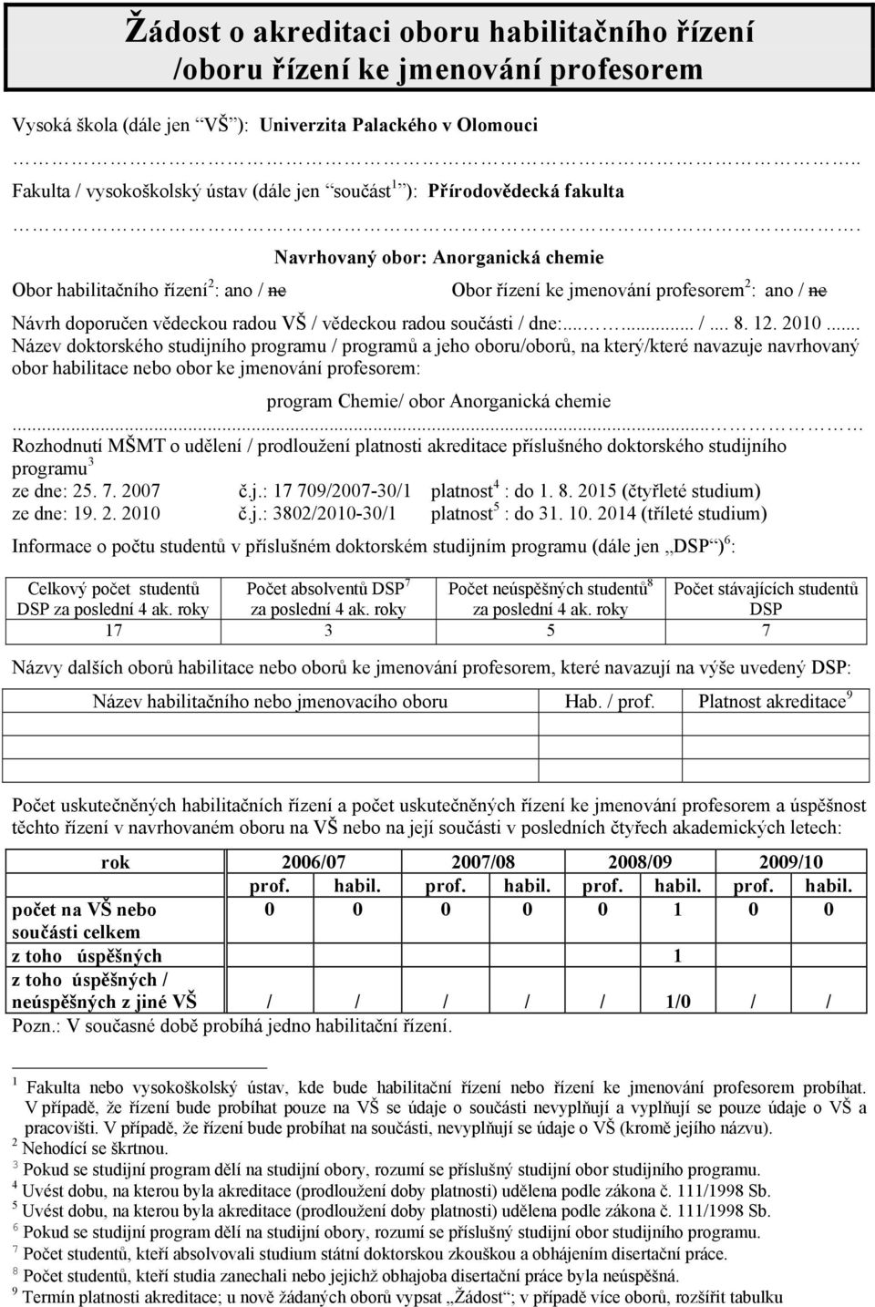 . Navrhovaný obor: Anorganická chemie Obor habilitačního řízení 2 : ano / ne Obor řízení ke jmenování profesorem 2 : ano / ne Návrh doporučen vědeckou radou VŠ / vědeckou radou součásti / dne:...... /... 8.