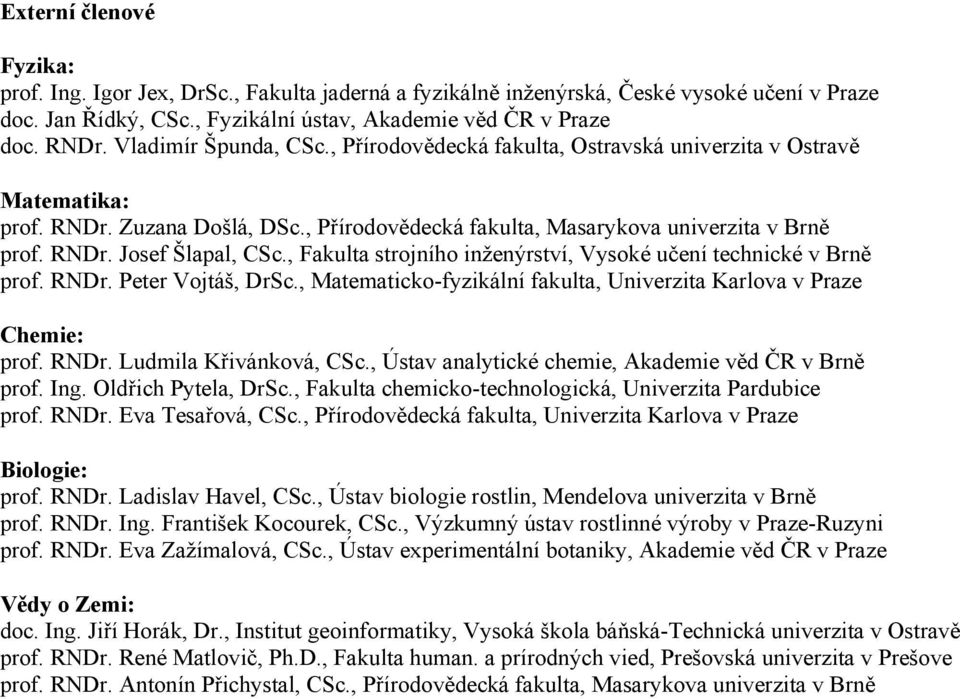 , Fakulta strojního inženýrství, Vysoké učení technické v Brně prof. RNDr. Peter Vojtáš, DrSc., Matematicko-fyzikální fakulta, Univerzita Karlova v Praze Chemie: prof. RNDr. Ludmila Křivánková, CSc.