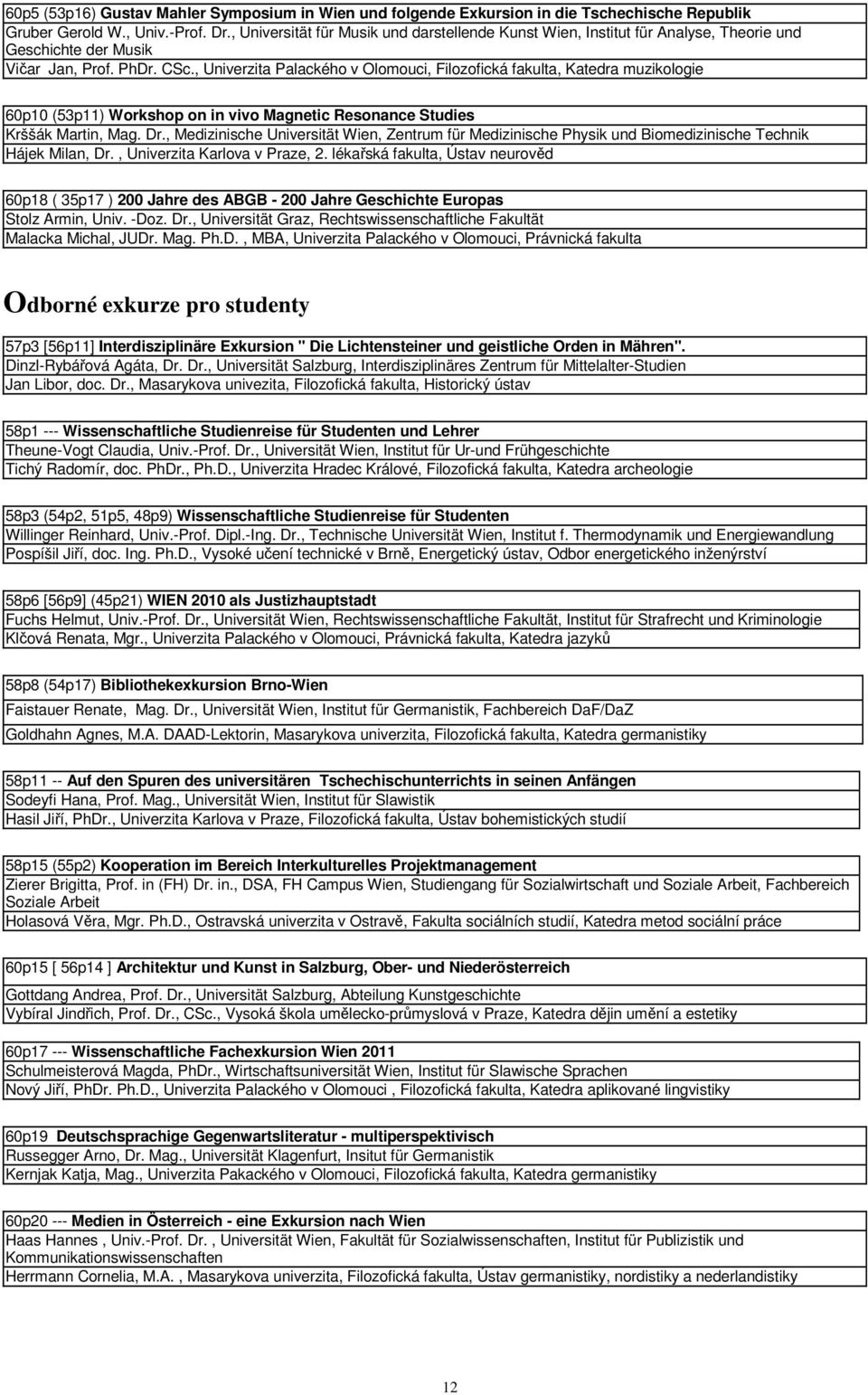 , Univerzita Palackého v Olomouci, Filozofická fakulta, Katedra muzikologie 60p10 (53p11) Workshop on in vivo Magnetic Resonance Studies Krššák Martin, Mag. Dr.