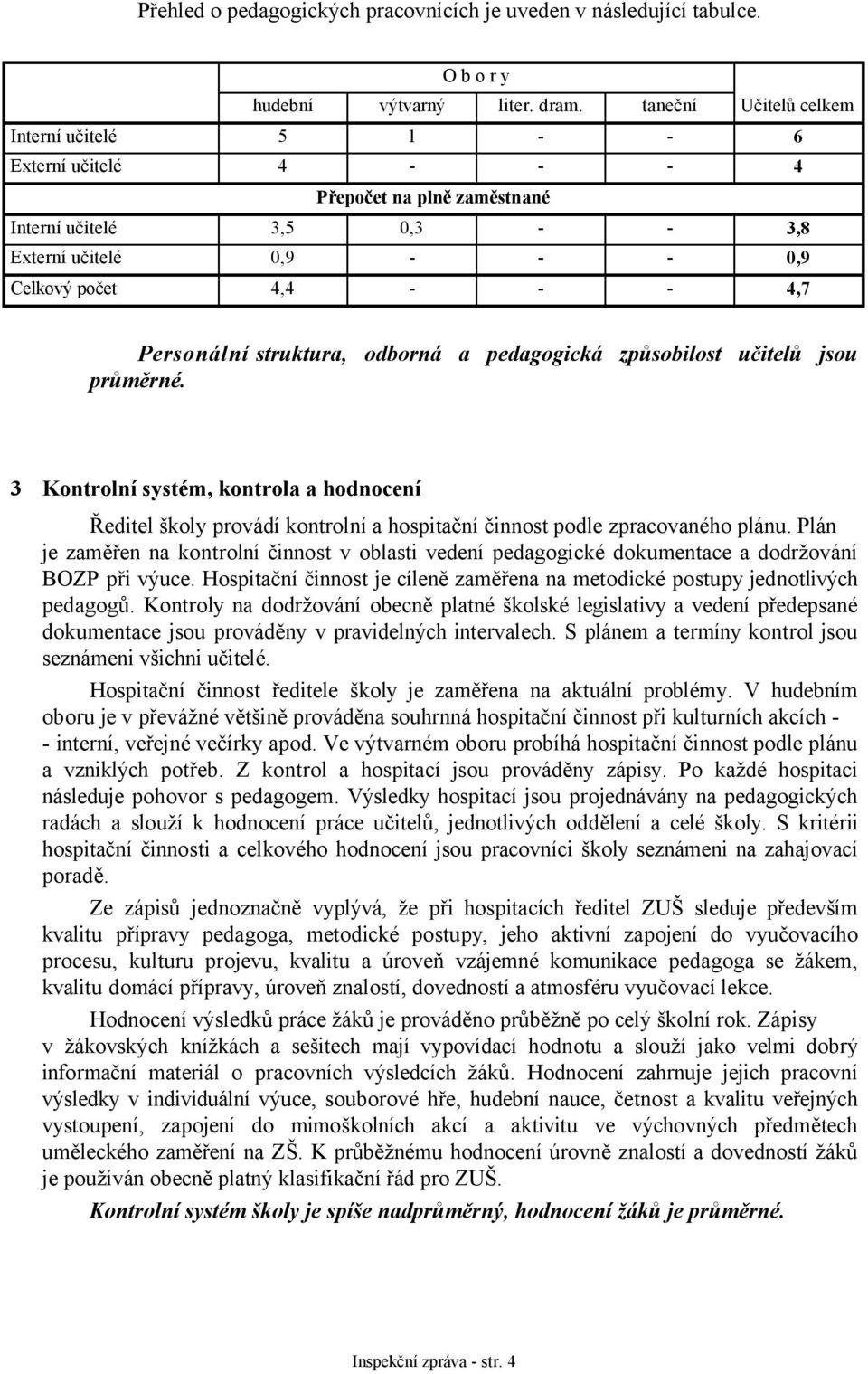 Personální struktura, odborná a pedagogická způsobilost učitelů jsou průměrné. 3 Kontrolní systém, kontrola a hodnocení Ředitel školy provádí kontrolní a hospitační činnost podle zpracovaného plánu.