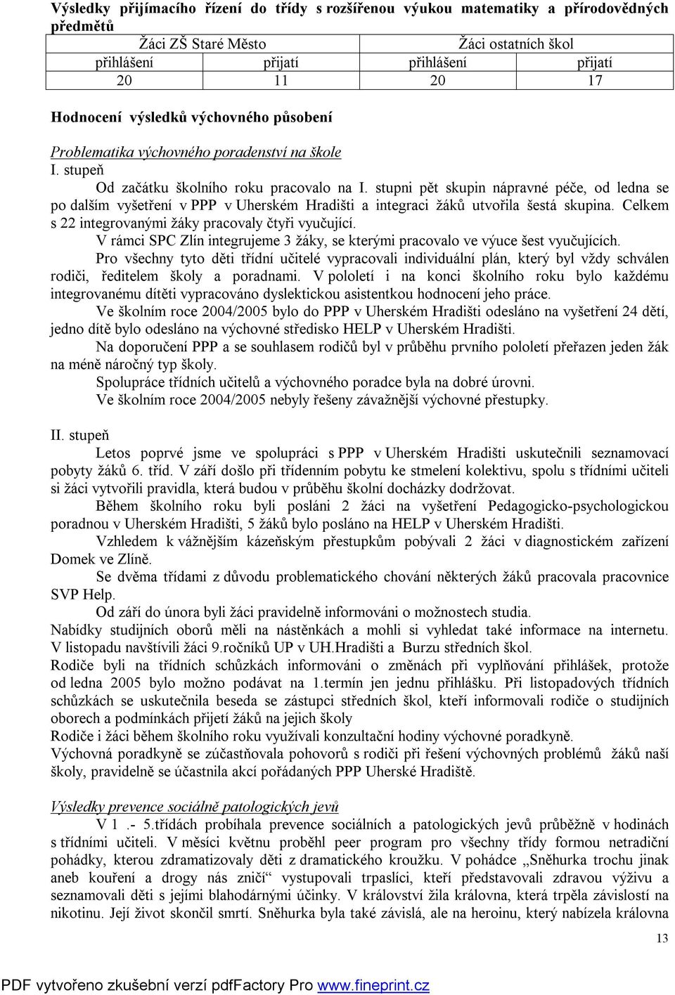 stupni pět skupin nápravné péče, od ledna se po dalším vyšetření v PPP v Uherském Hradišti a integraci žáků utvořila šestá skupina. Celkem s 22 integrovanými žáky pracovaly čtyři vyučující.