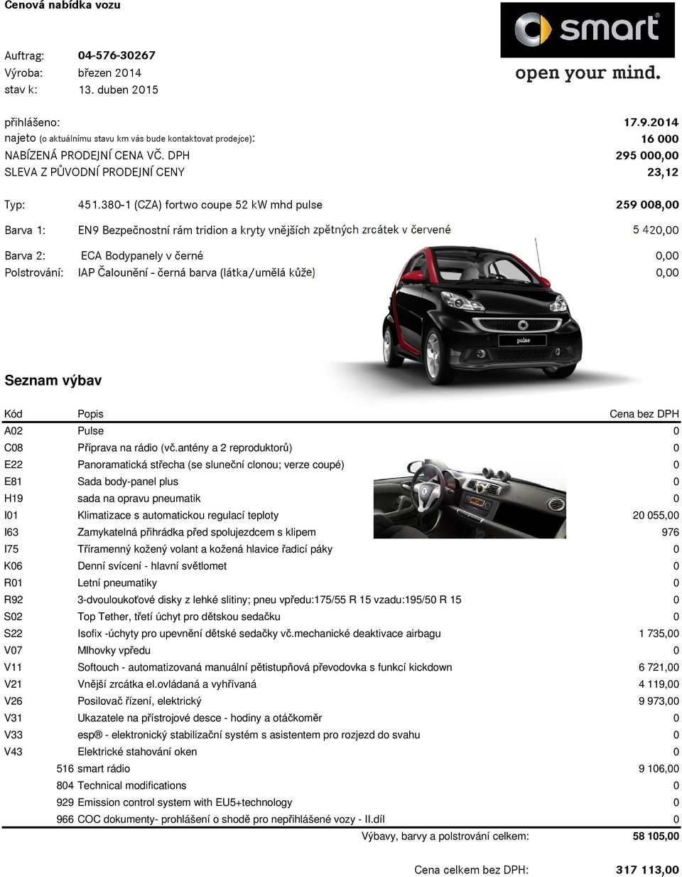 380-1 (CZA) fortwo coupe 52 kw mhd pulse 259 008,00 Barva 1: EN9 Bezpečnostní rám tridion a kryty vnějších zpětných zrcátek v červené 5 42 Barva 2: ECA Bodypanely v černé Polstrování: IAP Čalounění -