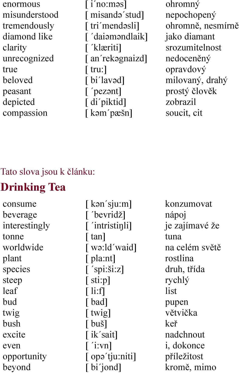 slova jsou k článku: Drinking Tea consume beverage interestingly tonne worldwide plant species steep leaf bud twig bush excite even opportunity beyond [ kən sju:m] [ bevridž] [ intristiŋli] [ tan] [