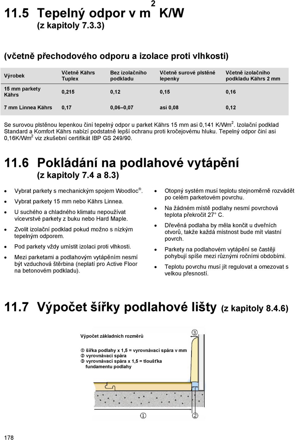 podkladu Kährs 2 mm 7 mm Linnea Kährs 0,17 0,06 0,07 asi 0,08 0,12 Se surovou plstěnou lepenkou činí tepelný odpor u parket Kährs 15 mm asi 0,141 K/Wm 2.