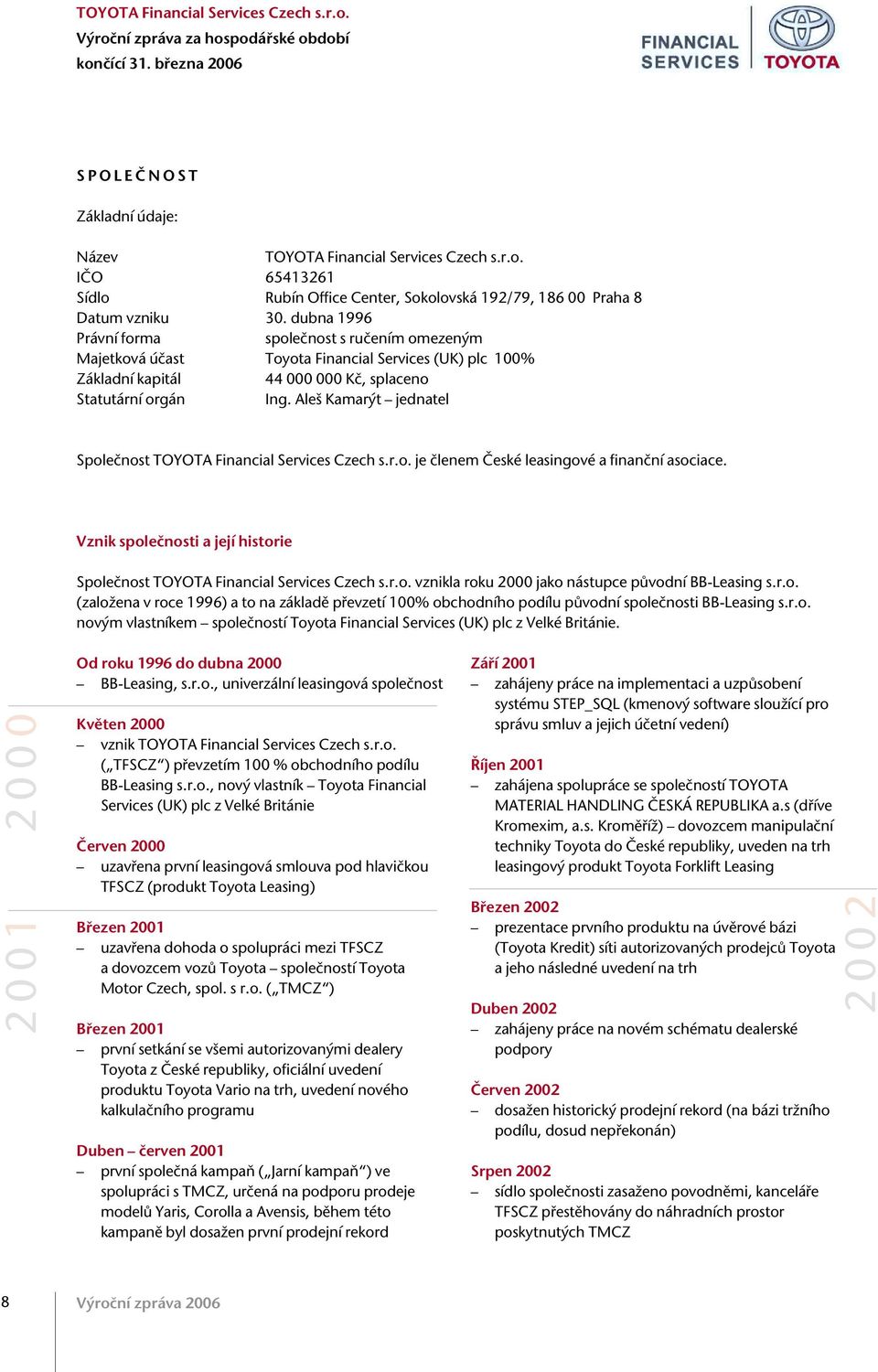 Ale Kamar t jednatel Spoleãnost TOYOTA Financial Services Czech s.r.o. je ãlenem âeské leasingové a finanãní asociace. Vznik spoleãnosti a její historie Spoleãnost TOYOTA Financial Services Czech s.r.o. vznikla roku 2000 jako nástupce pûvodní BB-Leasing s.