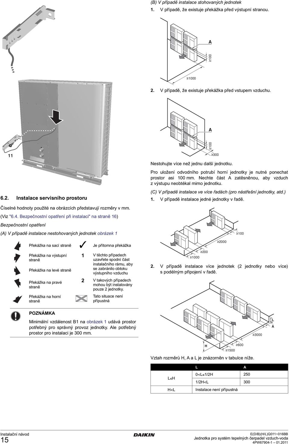 . Bezpečnostní opatření při instalaci" na straně 6) Bezpečnostní opatření (A) V případě instalace nestohovaných jednotek obrázek Překážka na sací straně Je přítomna překážka Překážka na výstupní