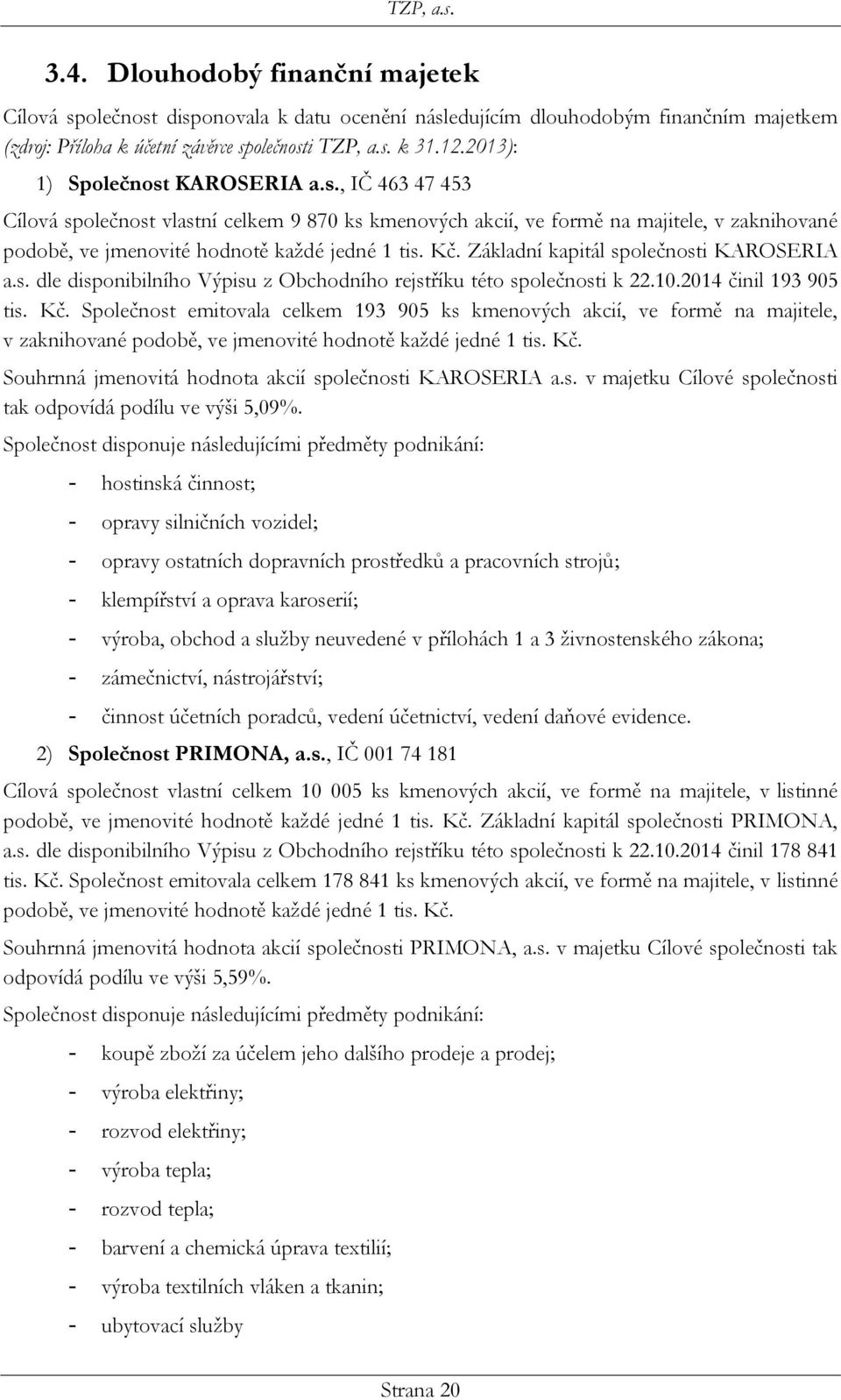 Základní kapitál společnosti KAROSERIA a.s. dle disponibilního Výpisu z Obchodního rejstříku této společnosti k 22.10.2014 činil 193 905 tis. Kč.