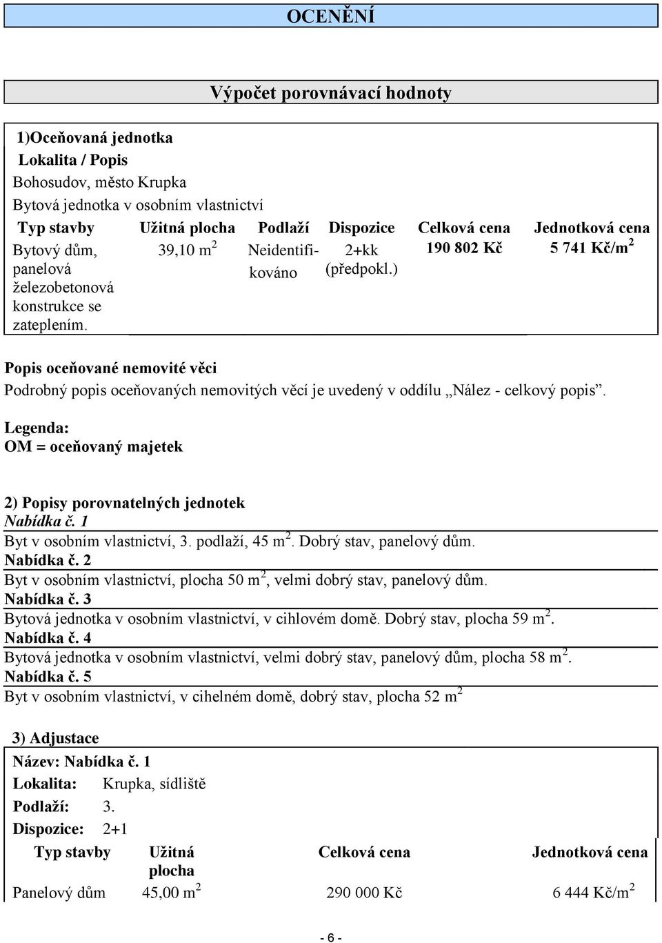) 190 802 Kč 5 741 Kč/m 2 Popis oceňované nemovité věci Podrobný popis oceňovaných nemovitých věcí je uvedený v oddílu Nález - celkový popis.