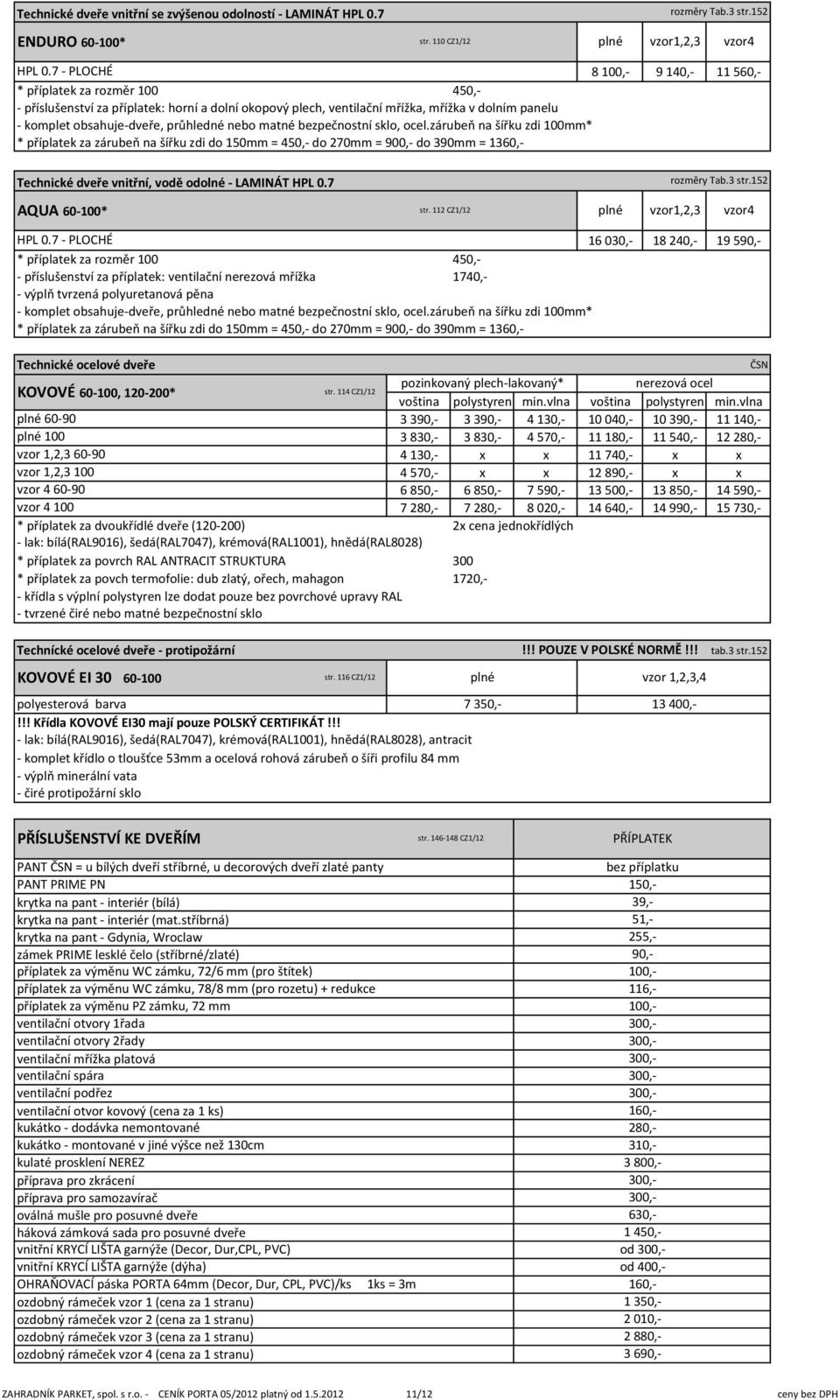 sklo, ocel.zárubeň na šířku zdi 100mm* * příplatek za zárubeň na šířku zdi do 150mm = 450,- do 270mm = 900,- do 390mm = 1360,- Technické dveře vnitřní, vodě odolné - LAMINÁT HPL 0.7 rozměry Tab.3 str.