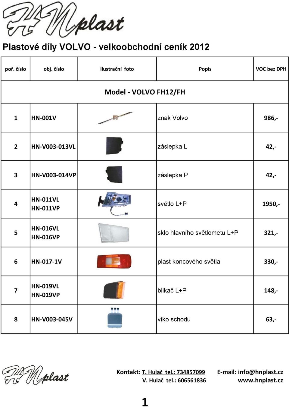 záslepka L 42,- 3 HN-V003-014VP záslepka P 42,- 4 HN-011VL HN-011VP světlo L+P 1950,- 5 HN-016VL