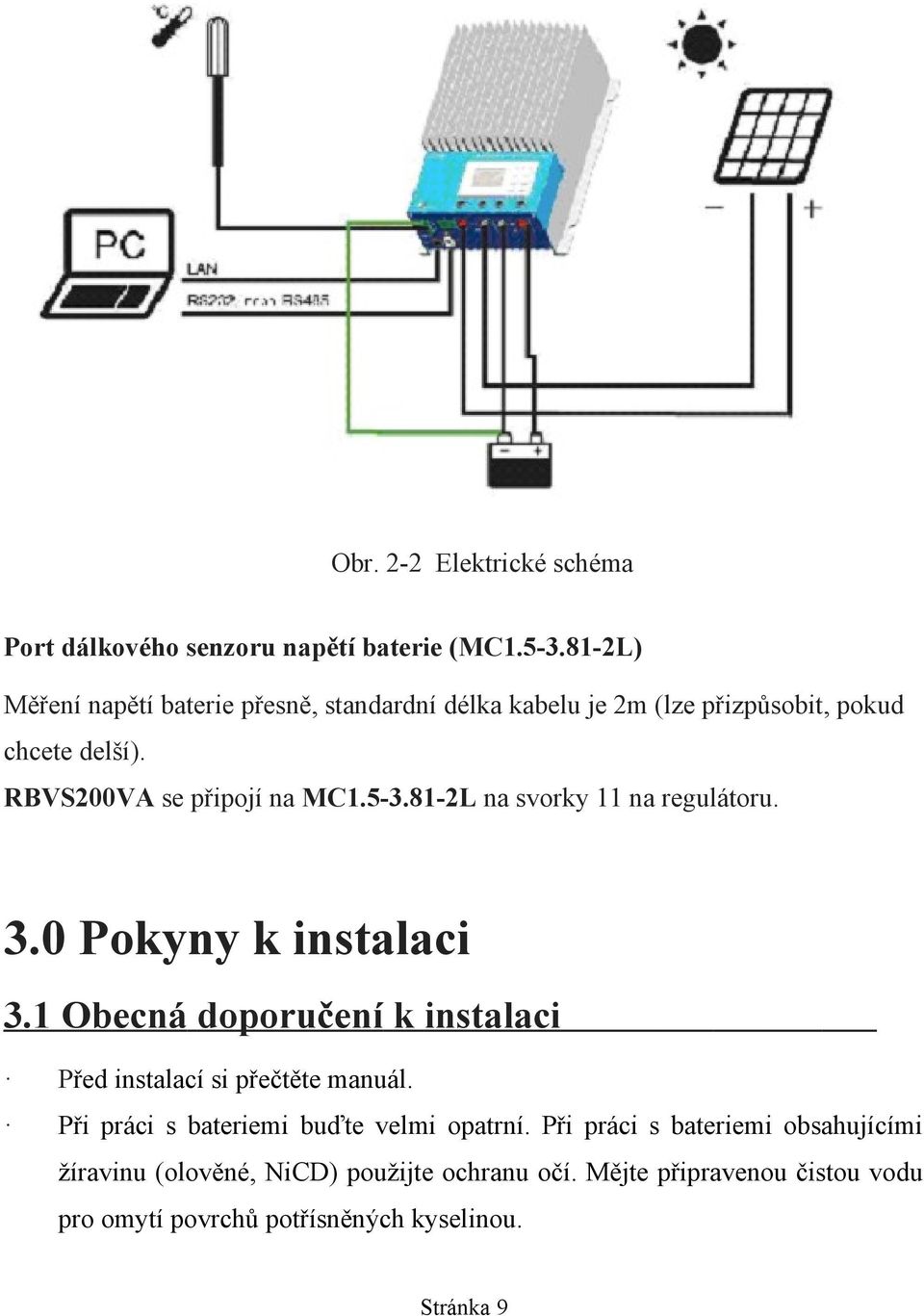 5-3.81-2L na svorky 11 na regulátoru. 3.0 Pokyny k instalaci 3.1 Obecná doporučení k instalaci Před instalací si přečtěte manuál.