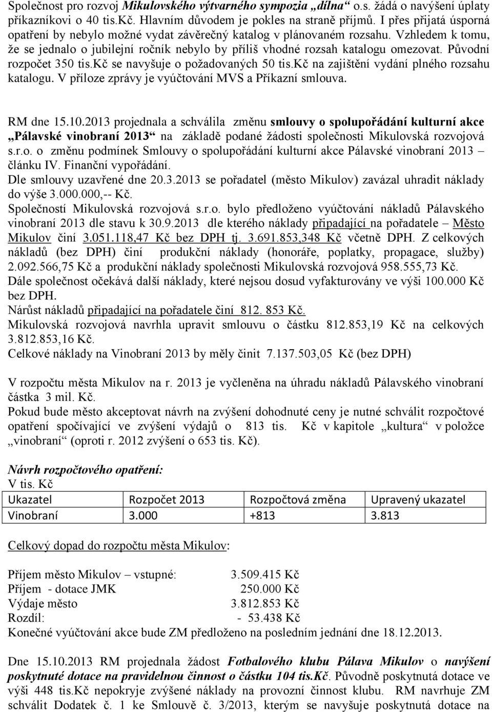 Původní rozpočet 350 tis.kč se navyšuje o požadovaných 50 tis.kč na zajištění vydání plného rozsahu katalogu. V příloze zprávy je vyúčtování MVS a Příkazní smlouva. RM dne 15.10.