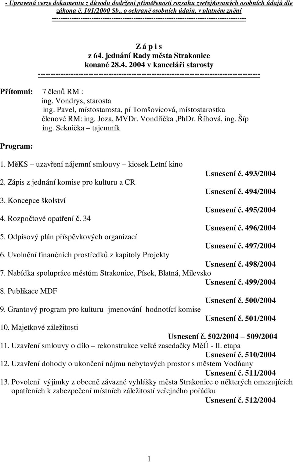 jednání Rady města Strakonice konané 28.4. 2004 v kanceláři starosty ---------------------------------------------------------------------------------------- Přítomni: 7 členů RM : ing.
