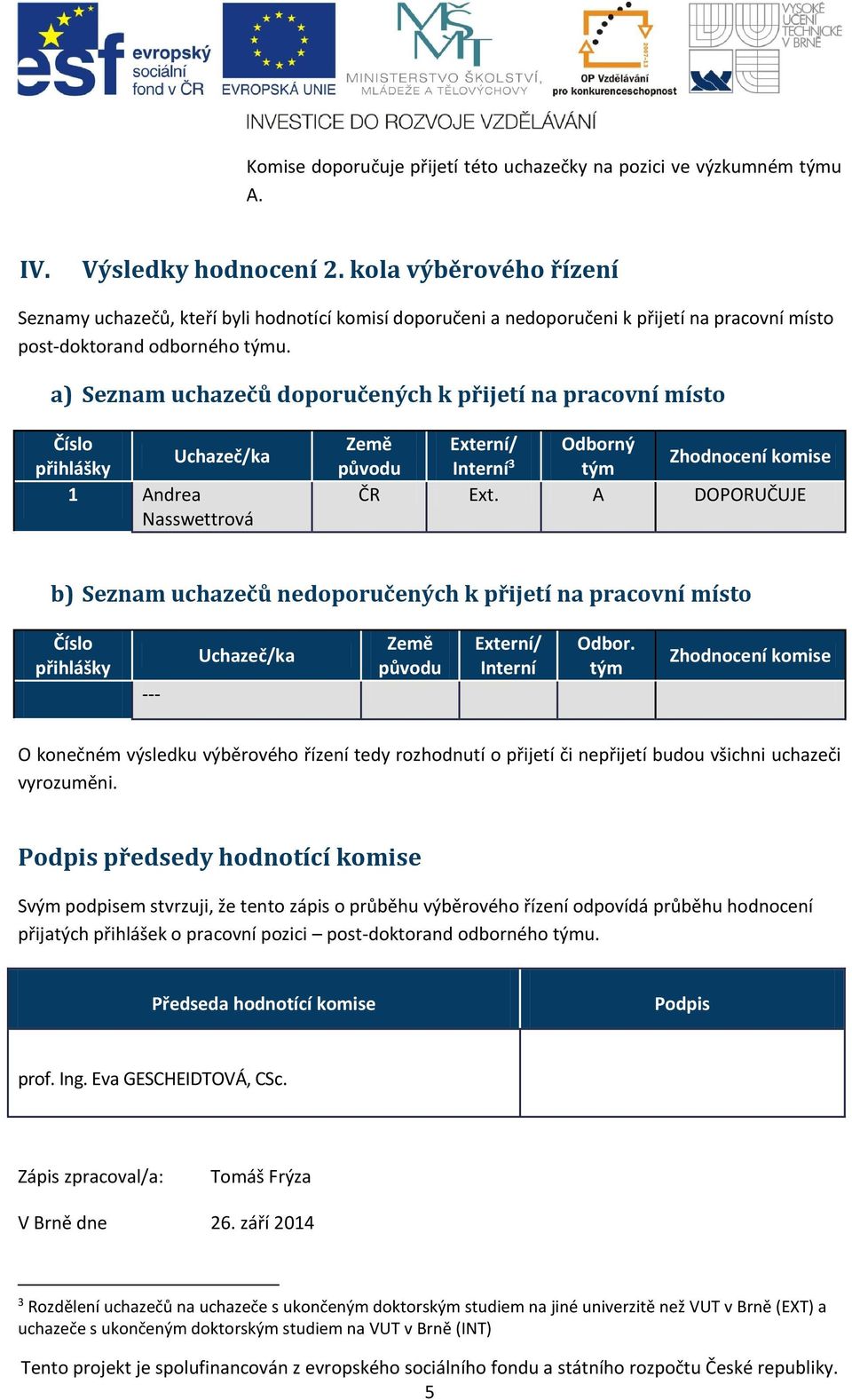 a) Seznam uchazečů doporučených k přijetí na pracovní místo Číslo Uchazeč/ka přihlášky 1 Andrea Nasswettrová Země Externí/ Odborný původu Interní 3 Zhodnocení komise tým ČR Ext.