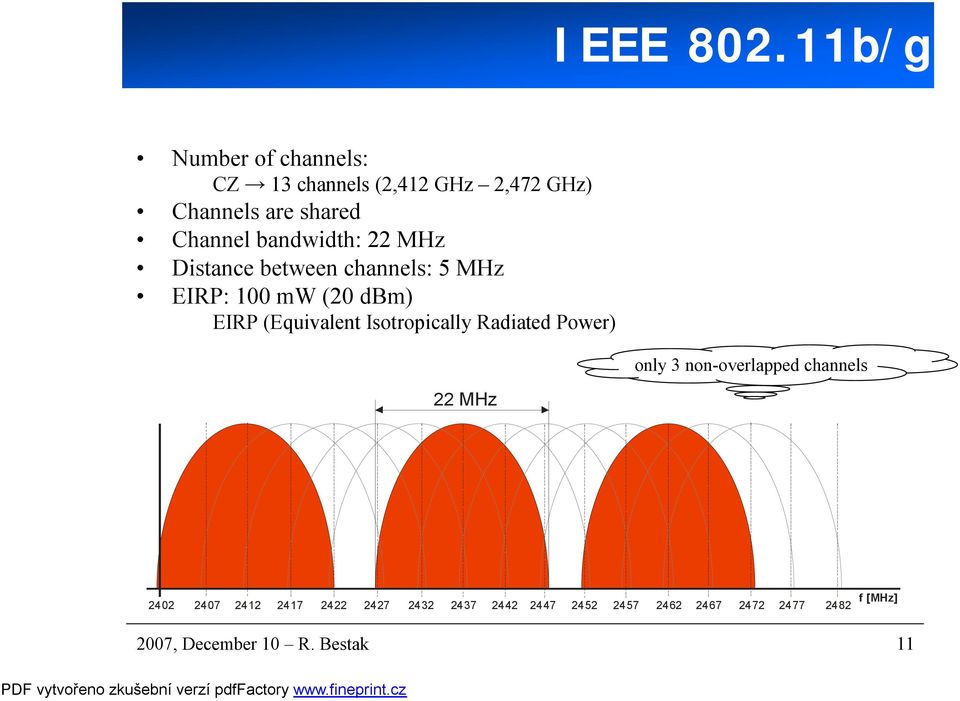 bandwidth: 22 MHz Distance between channels: 5 MHz EIRP: 100 mw(20 dbm) EIRP (Equivalent