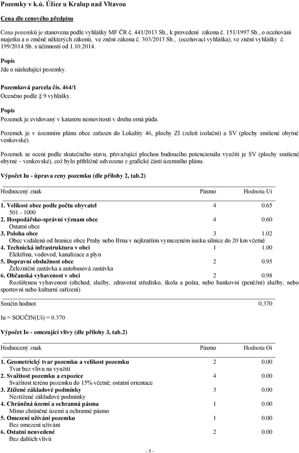 Pozemková parcela čís. 464/1 Oceněno podle 9 vyhlášky. Popis Pozemek je evidovaný v katastru nemovitostí v druhu orná půda.