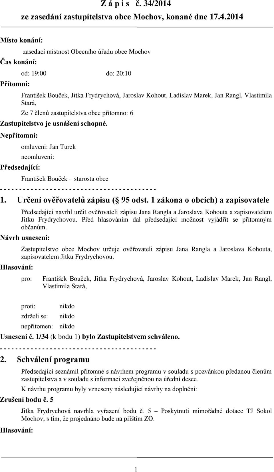 Frydrychová, Jaroslav Kohout, Ladislav Marek, Jan Rangl, Vlastimila Stará, Ze 7 členů zastupitelstva obce přítomno: 6 Zastupitelstvo je usnášení schopné.