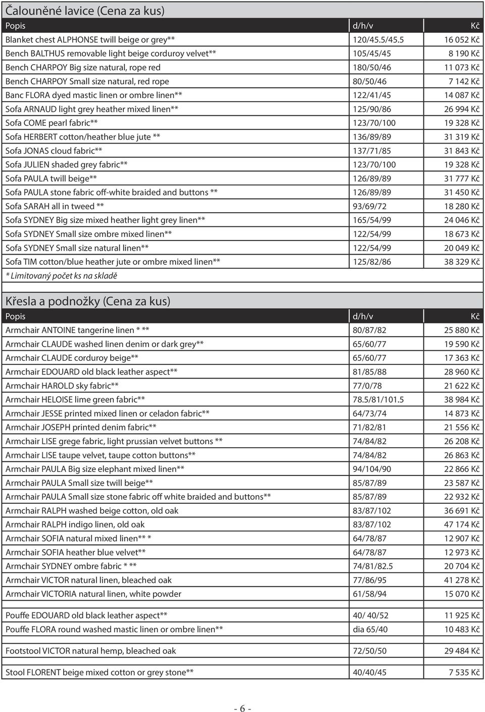 142 Kč Banc FLORA dyed mastic linen or ombre linen** 122/41/45 14 087 Kč Sofa ARNAUD light grey heather mixed linen** 125/90/86 26 994 Kč Sofa COME pearl fabric** 123/70/100 19 328 Kč Sofa HERBERT