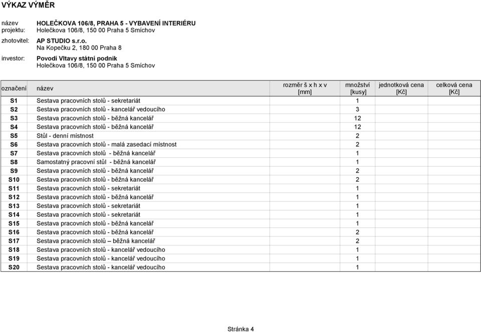 Sestava pracovních stolů - běžná kancelář 2 S10 Sestava pracovních stolů - běžná kancelář 2 S11 Sestava pracovních stolů - sekretariát 1 S12 Sestava pracovních stolů - běžná kancelář 1 S13 Sestava